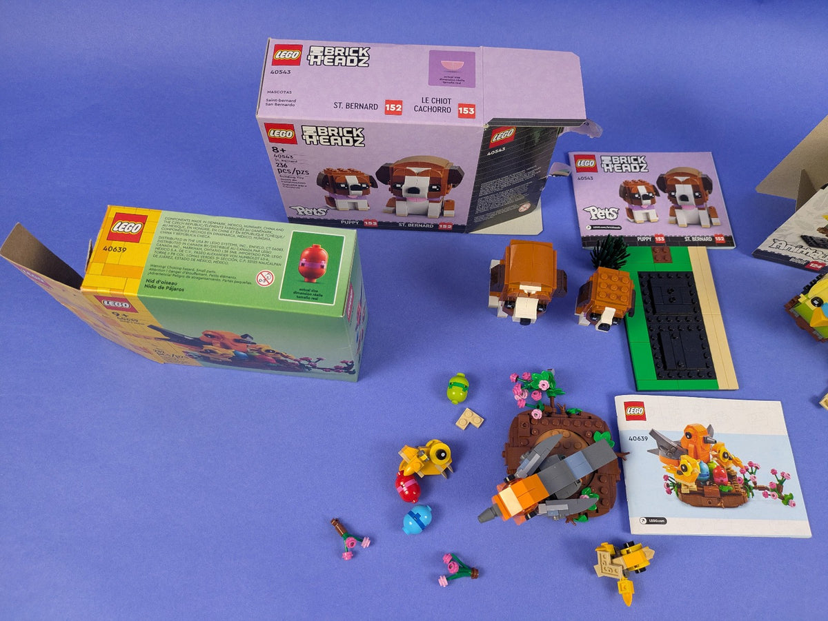 LEGO 3 Set Bundle: Budgie & Chick 40443, St. Bernard 40543, Bird's Nest 40639