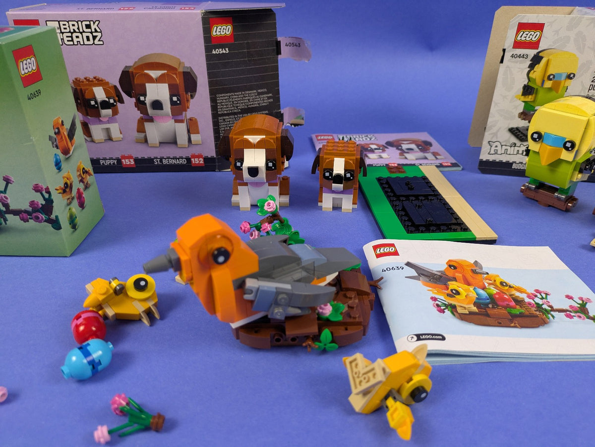 LEGO 3 Set Bundle: Budgie & Chick 40443, St. Bernard 40543, Bird's Nest 40639