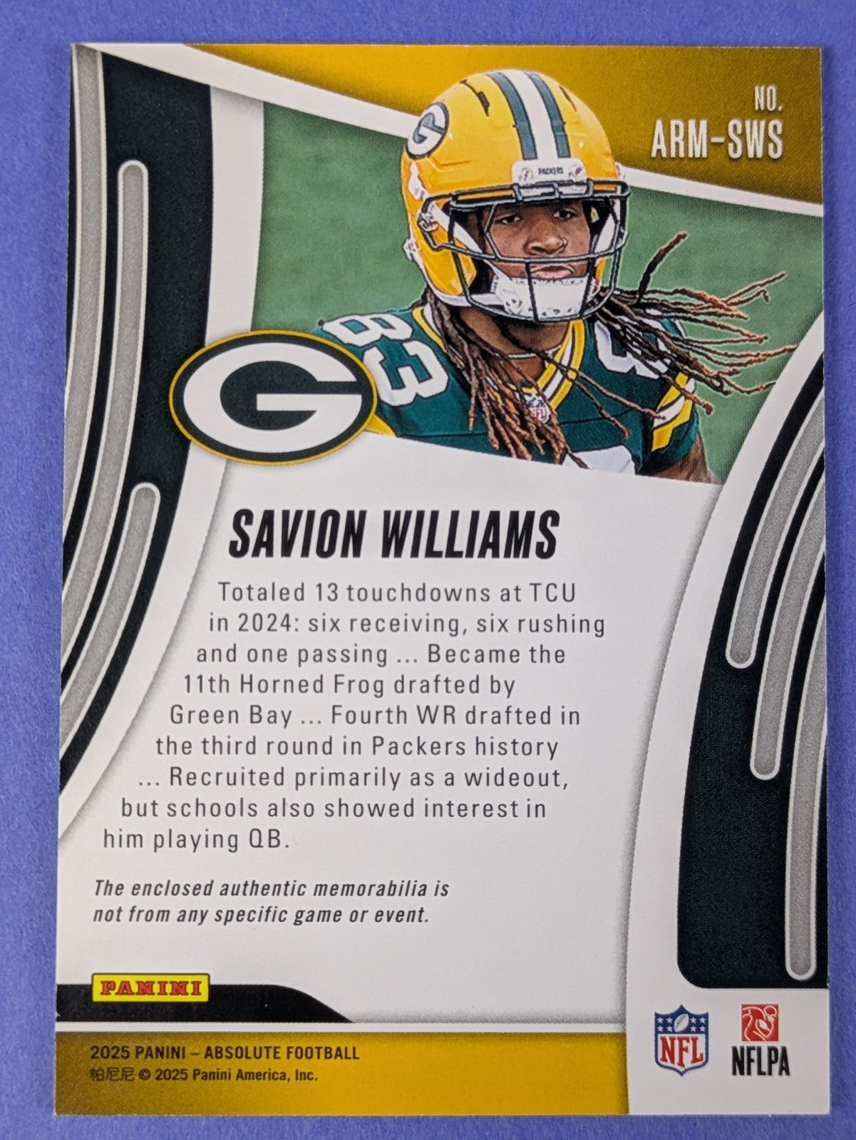 2025 Savion Williams #ARM-SWS Panini Absolute Football RC Patch NM