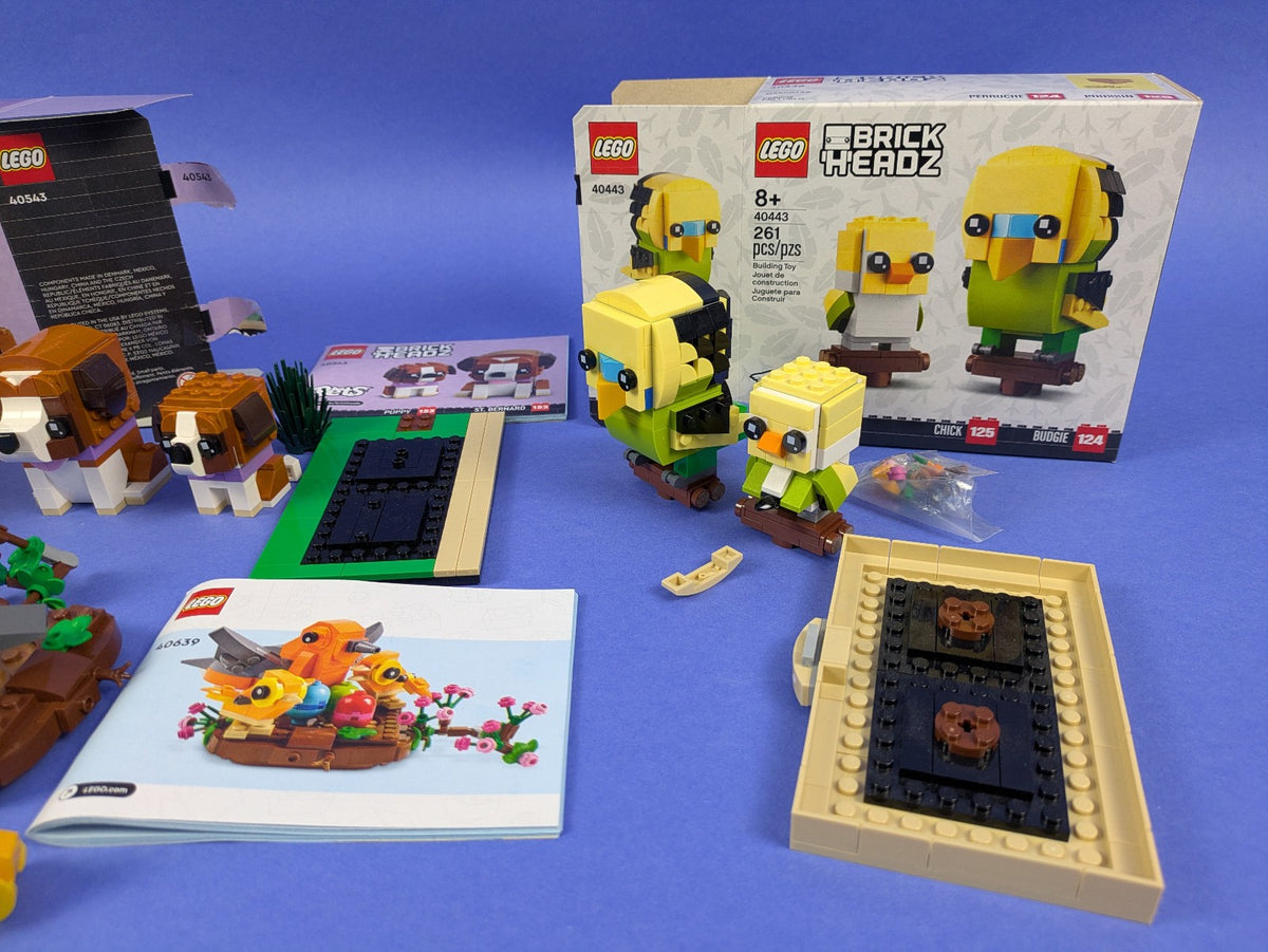 LEGO 3 Set Bundle: Budgie & Chick 40443, St. Bernard 40543, Bird's Nest 40639