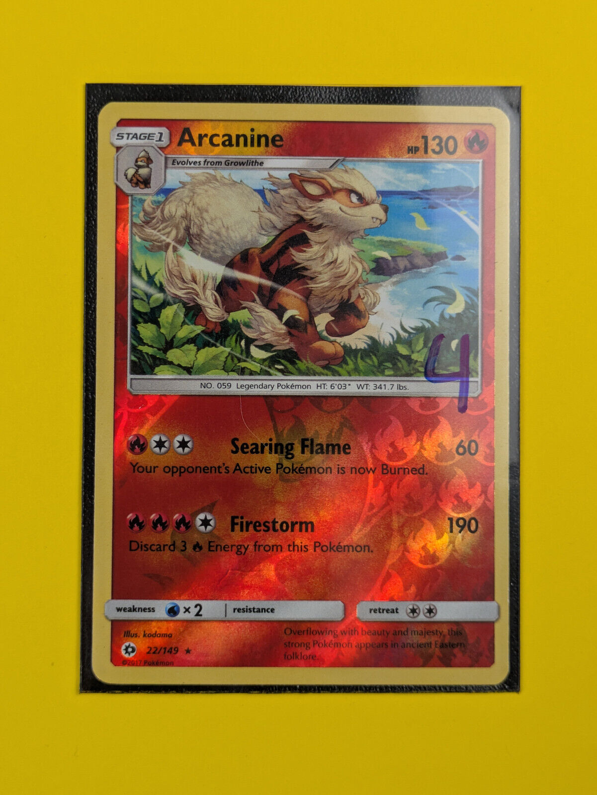 Arcanine - 22/149 - Rare Reverse Holo Sun & Moon - Pokemon Card - NM