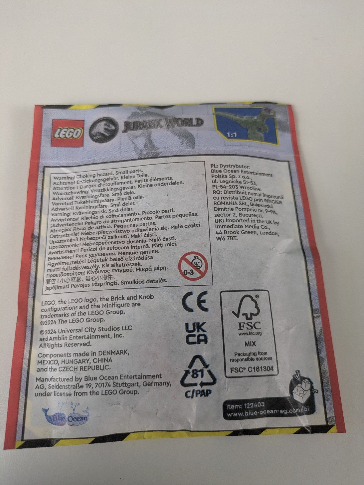 Lego Jurassic World: Owen with Helicopter and Raptor paper bag Set 122403 NEW