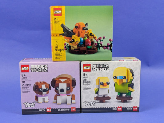LEGO 3 Set Bundle: Budgie & Chick 40443, St. Bernard 40543, Bird's Nest 40639