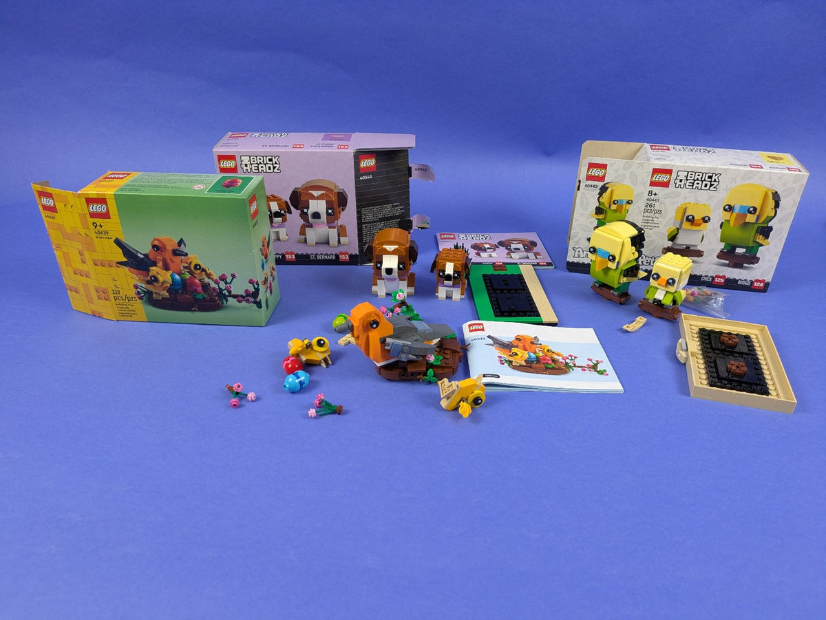 LEGO 3 Set Bundle: Budgie & Chick 40443, St. Bernard 40543, Bird's Nest 40639