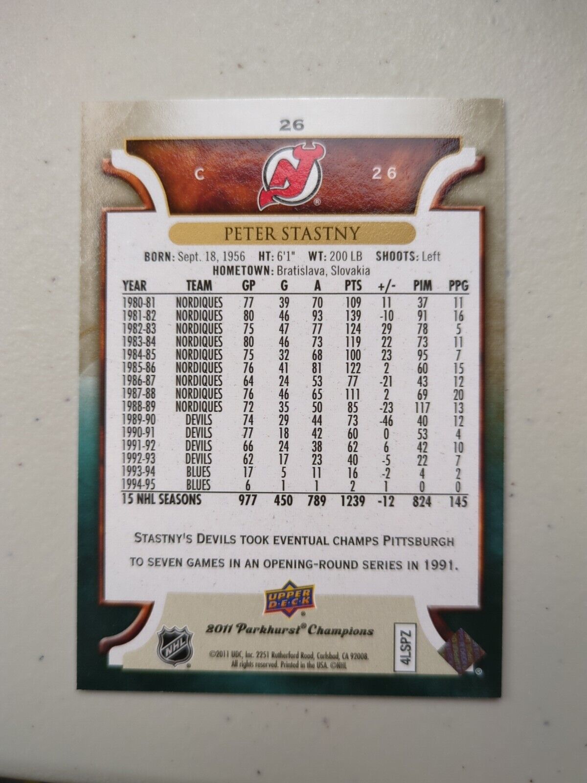 2011-12 Parkhurst Champions Peter Stastny #26 New Jersey Devils