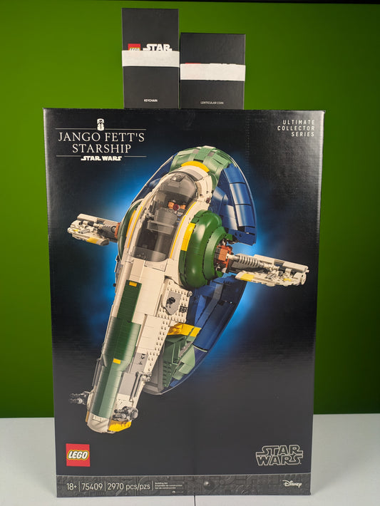 Lego Star Wars Jango Fett's Firespray-Class Starship - UCS 75409 w/ Lenticular Coin 5009550 & Key Chain 5009394